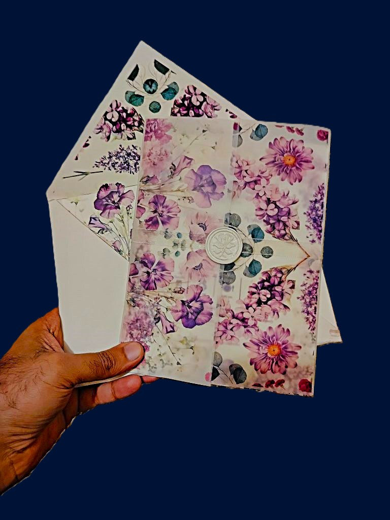 Purple Flowers Wedding Cards with White Wax Seal - Wedding Cards & Favour Boxes