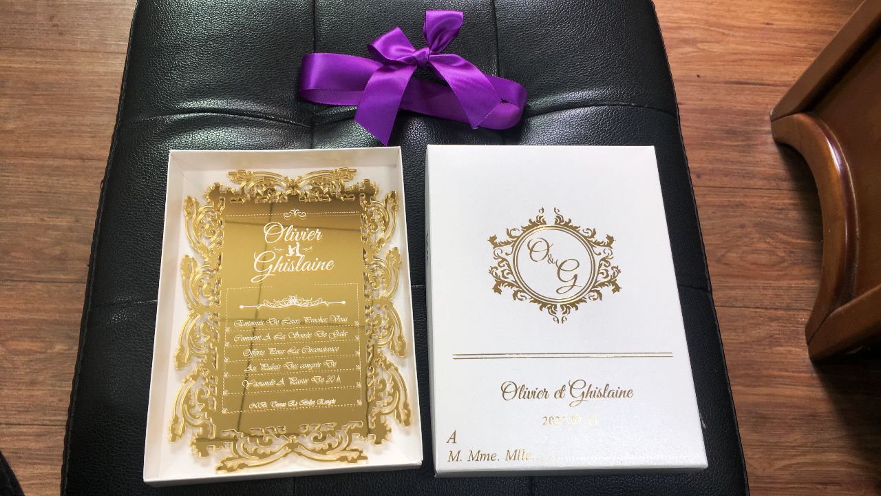 golden Acrylic wedding invitations with box and ribbon bow