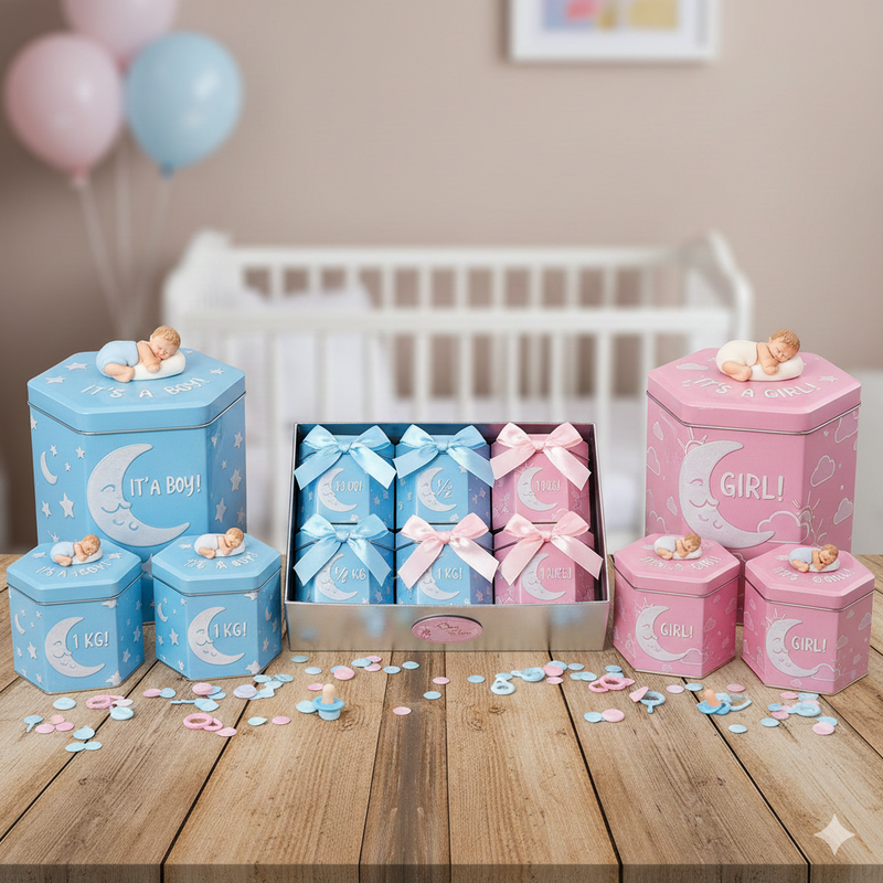 tin baby annoucment boxes for baby boy and baby girl in tin box and half kg one kg and 1/4 kg 