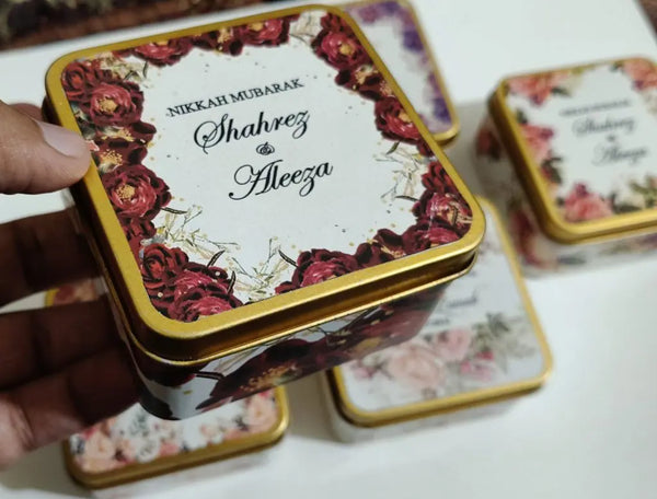 Tin Box Pakistan | Square tin box 3.1*3.1 inches and 2 inches height with customized name printing