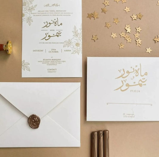 Simple Off-white Wedding Card golden text printing  with Personalized Wax Seal - Wedding Cards & Favour Boxes