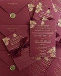 Simple Maroon Wedding Cards Pakistan with tissue ribbon - Wedding Cards & Favour Boxes