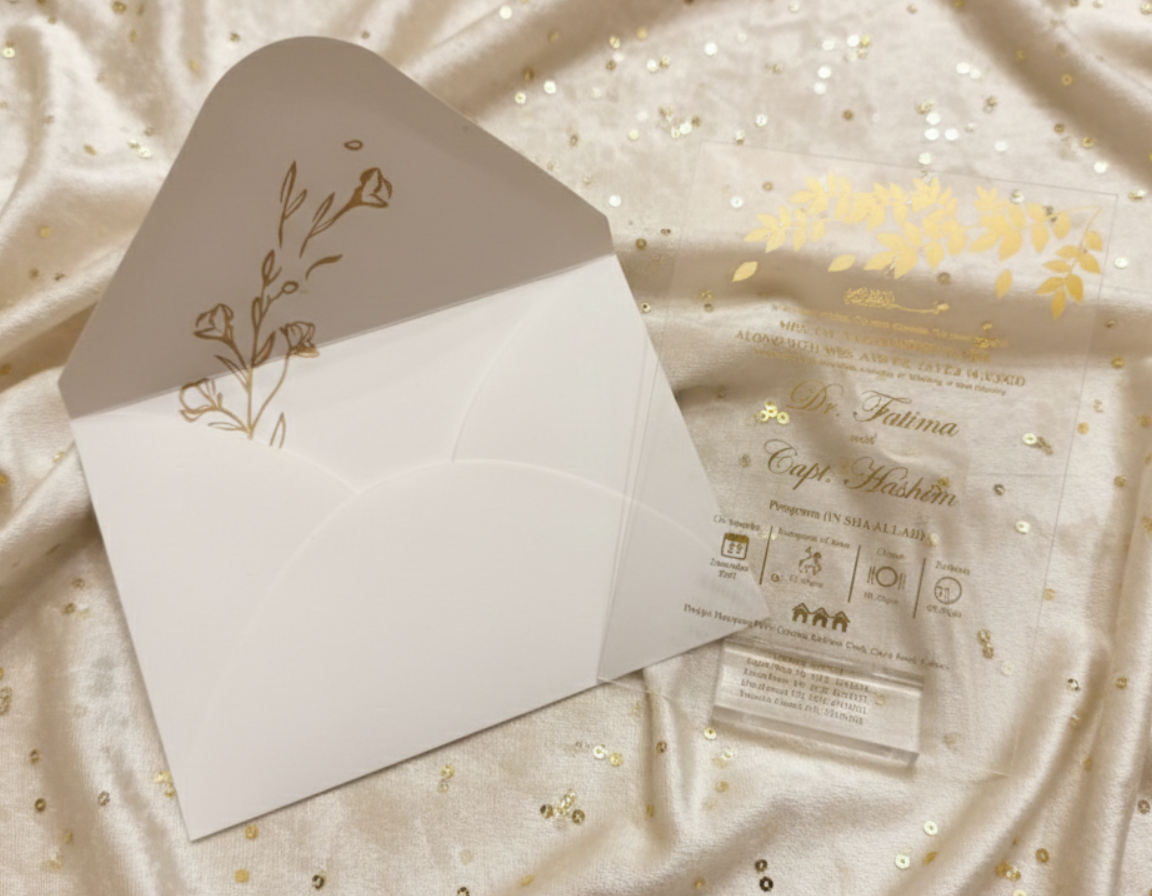 Envelopes with floral design on a acrylic wedding card
