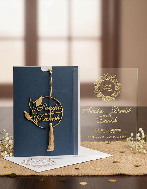 blue acrylic wedding card with 3d Wood