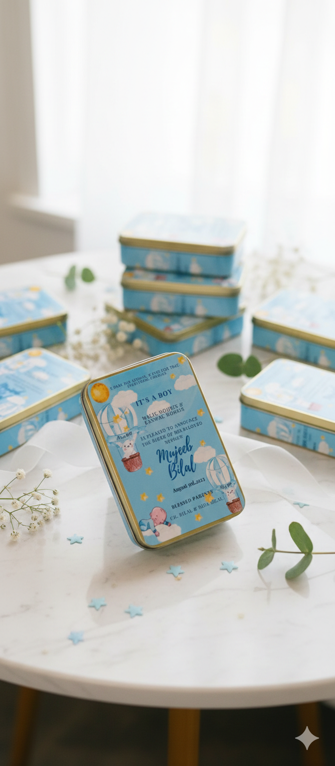 Collection of small blue tins with gold accents on a white surface.