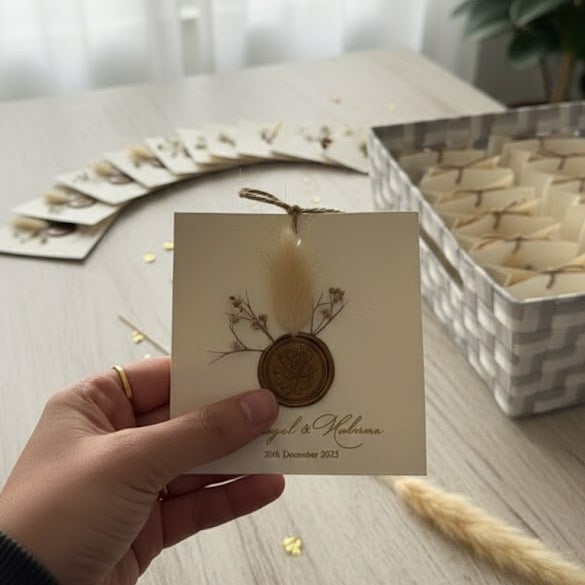 A hand holding a square cream-colored Nikkah favour box featuring a gold floral wax seal, dried bunny tail grass, and baby’s breath. The card is personalized with names in gold script and the date "20th December 2025," with more boxes blurred in the background.