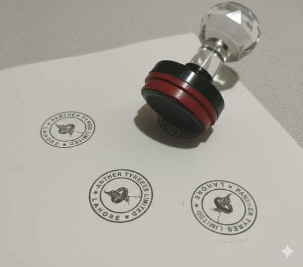 Flashstamp with Diomond handle and red and black design on a white surface with printed stamps.