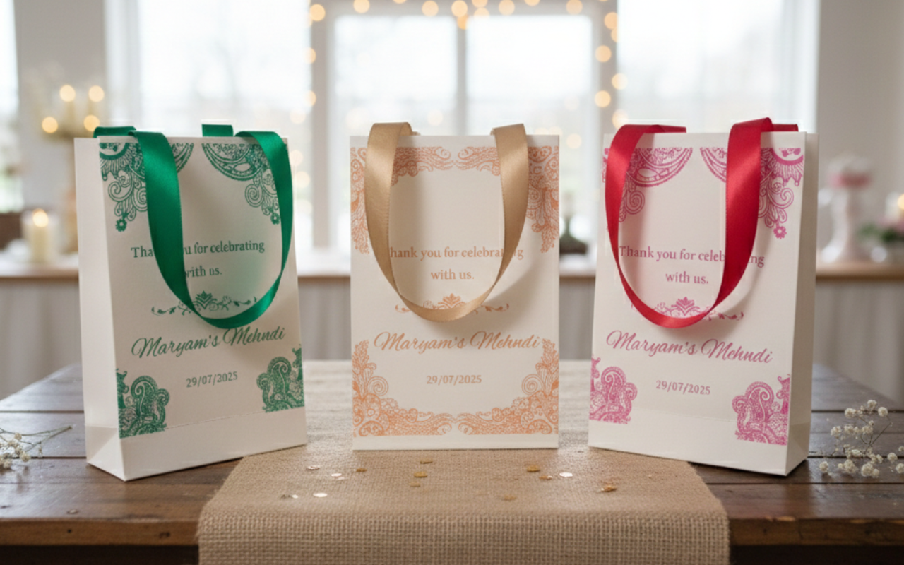 Three decorative Mehndi bags on a wooden table with a blurred indoor background.