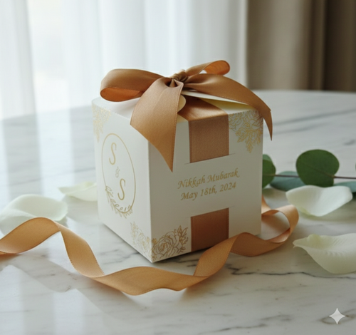 A small, square white favor box featuring gold floral accents and the text "Nikkah Mubarak May 18th, 2024." The box is tied with a thick, shimmering gold satin ribbon into a large bow and features personalized "S & S" initials in a gold circular wreath on the side.