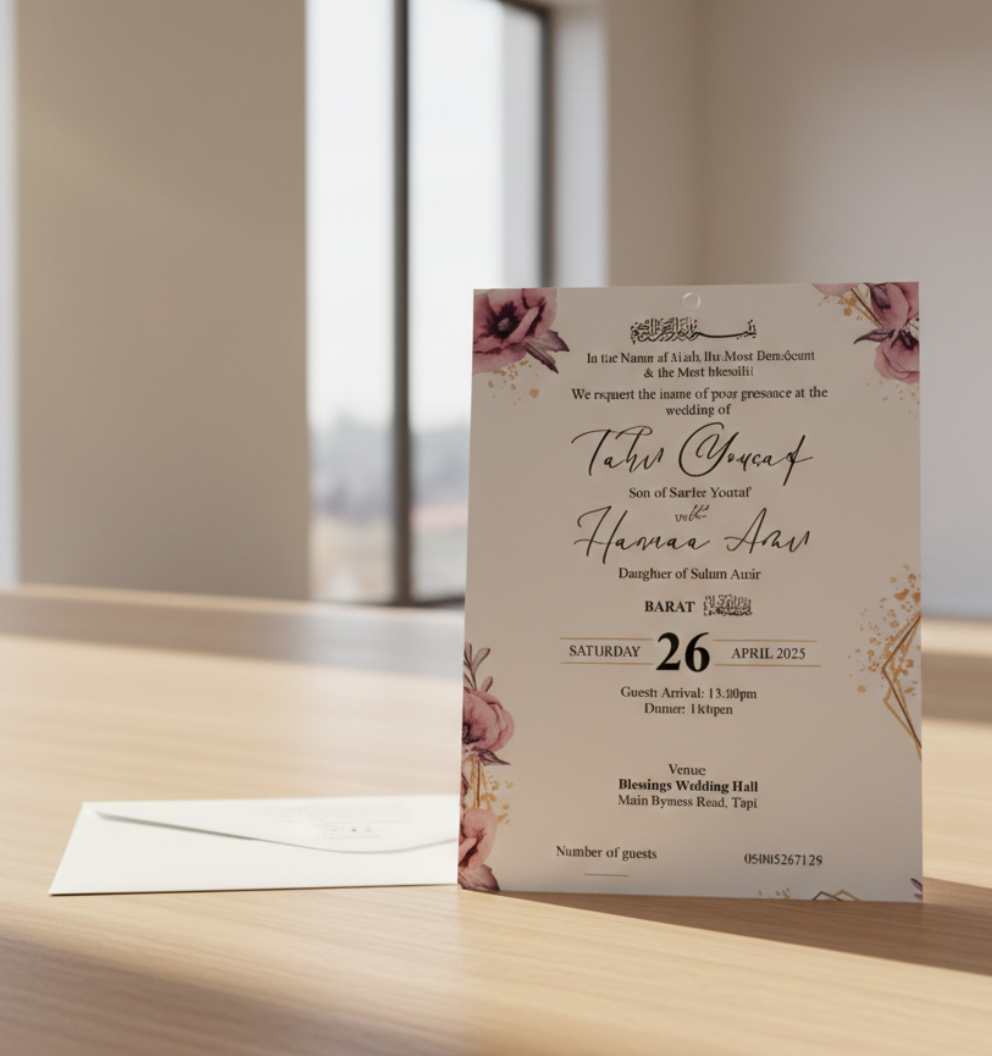 Wedding invitation card with floral design on a wooden surface