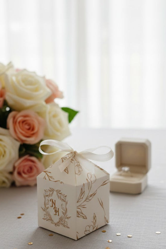 bid box with floral design, ring, and bouquet on a light surface.