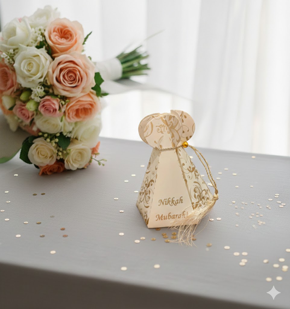 Decorative angel figurine with 'Nikkah Mubarak' ton bid box on a table.