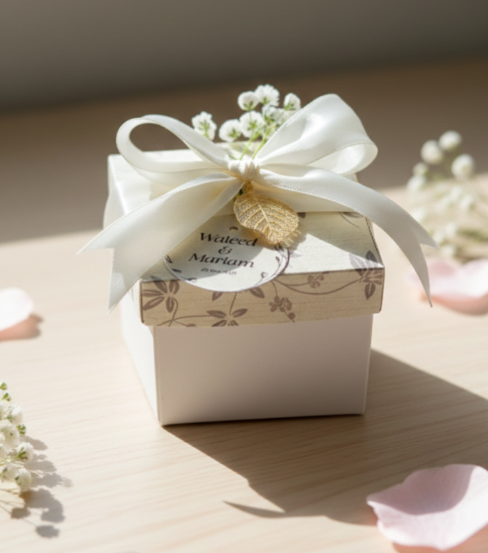 Small bid box with a white ribbon and decorative tag on a wooden surface with baby's breath flowers.