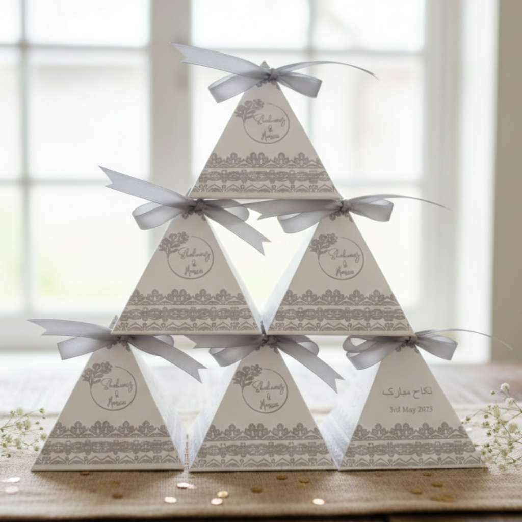 Pyramid of triangular boxes with ribbons on a wooden surface