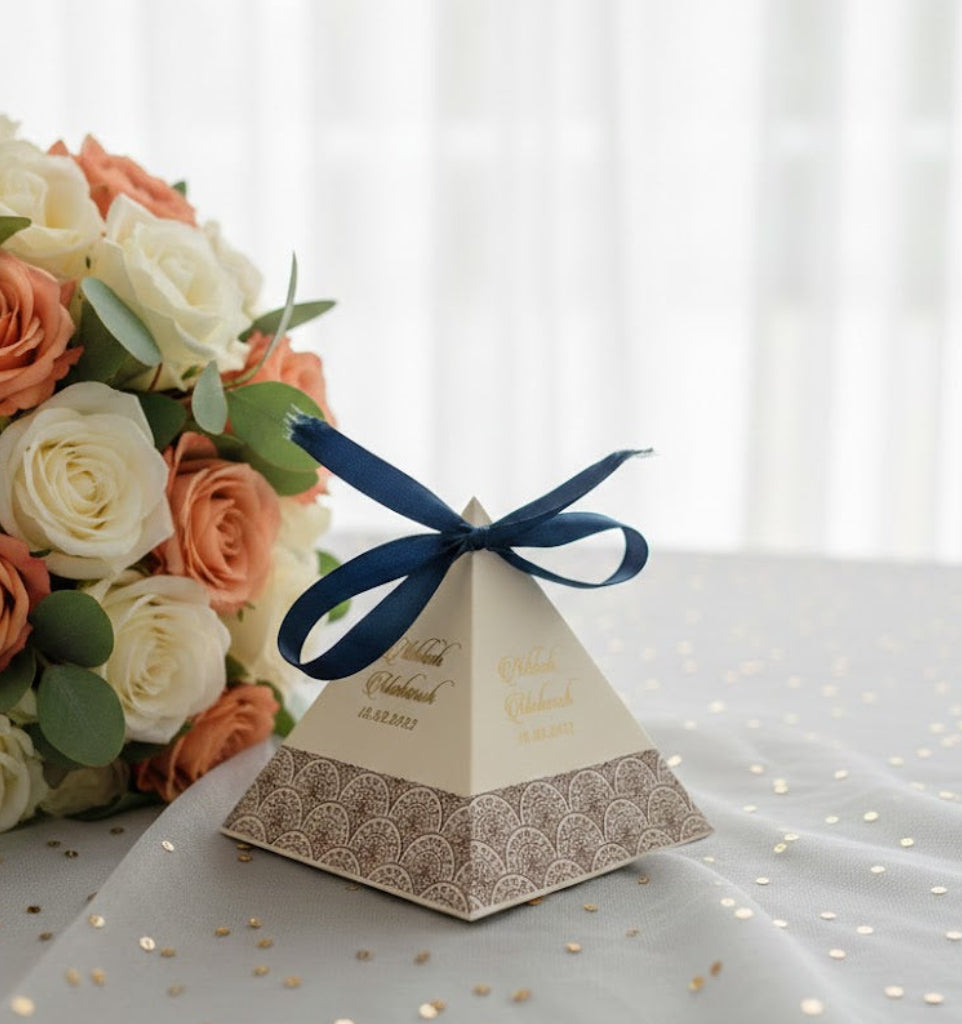Pyramid-shaped gift box with a blue ribbon next to a bouquet of flowers on a white surface.