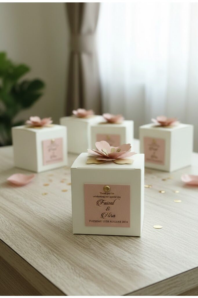 White gift boxes with pink floral decorations on a wooden surface