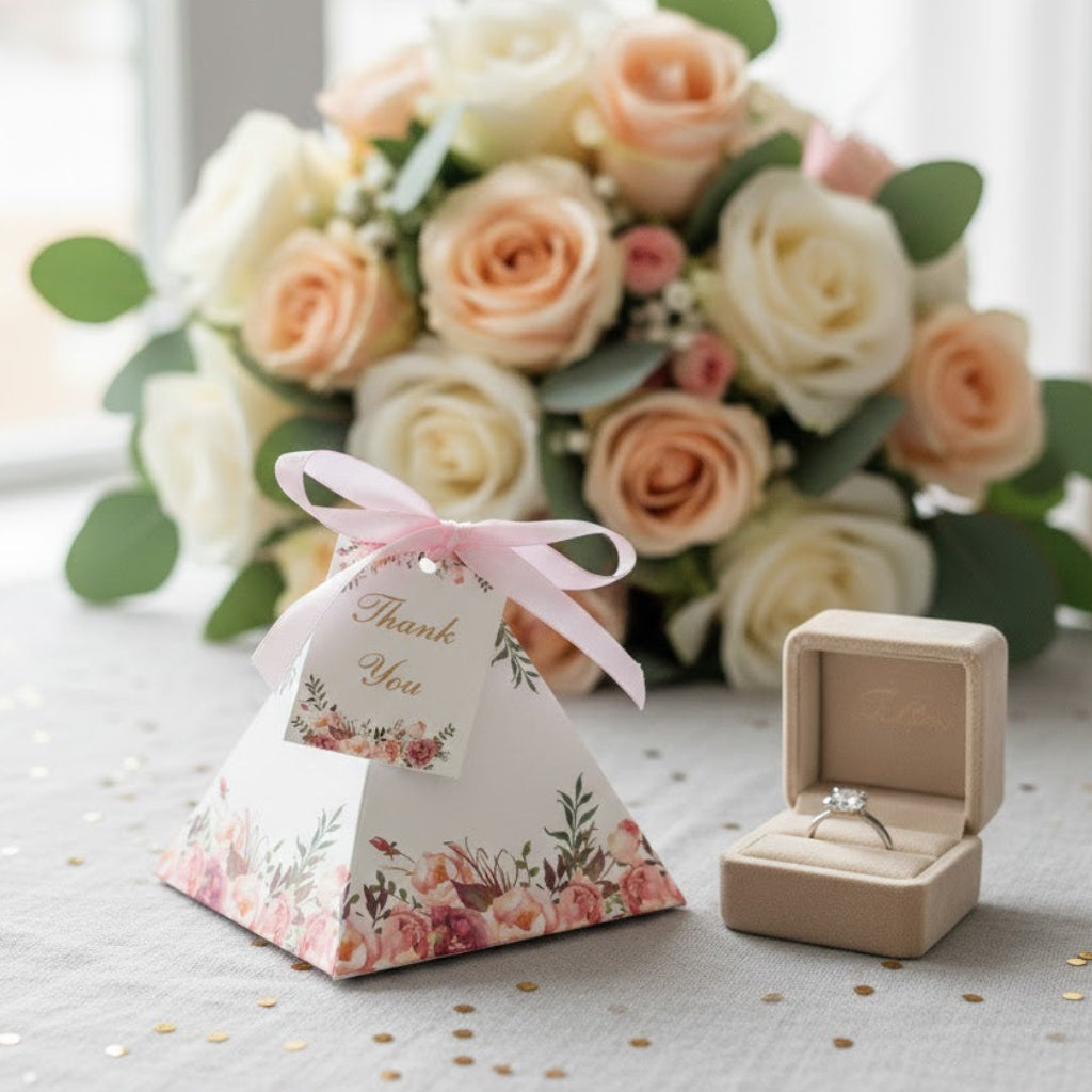 Pyramid-shaped floral bid box with a pink ribbon, open ring box with a ring, and bouquet of flowers on a light surface.
