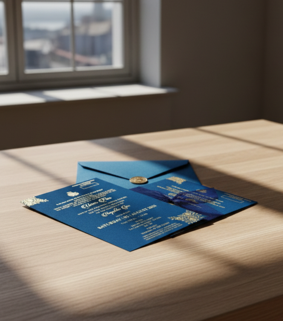 Blue invitations with a matching envelope on a wooden table by a window with cityscape view