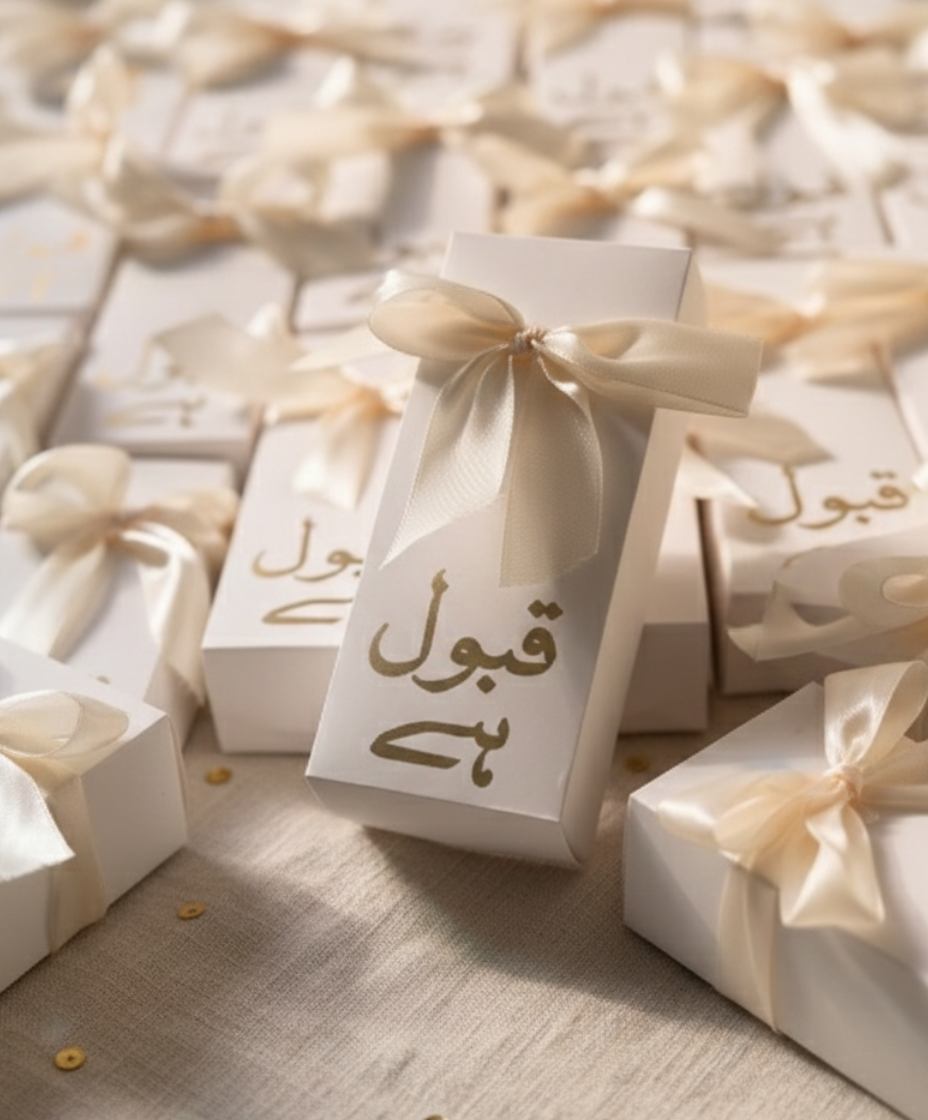 White bid boxes with gold text and ribbons on a textured surface