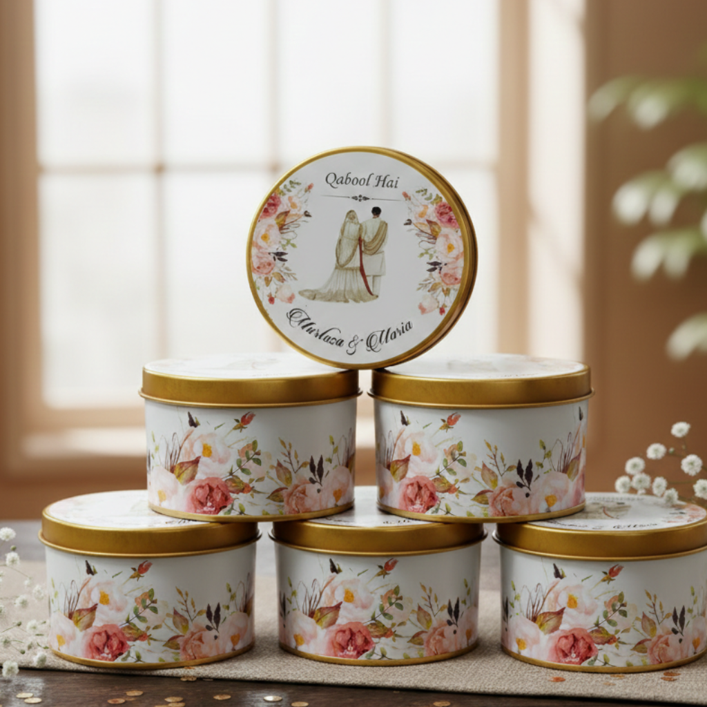 Set of bid floral-patterned with gold lids on a wooden surface