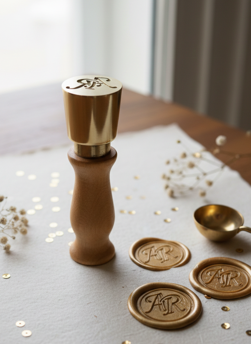 Gold wax seal stamp and stamps on a textured surface with a soft background