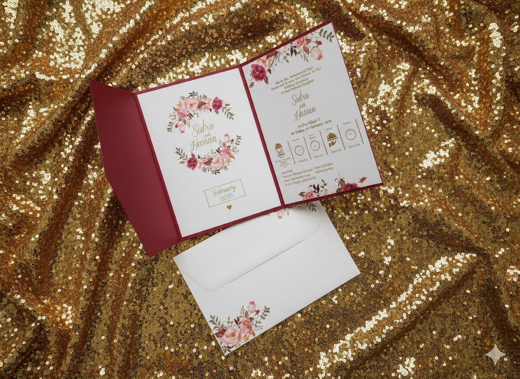 Floral wedding invitation set on a gold sequin background