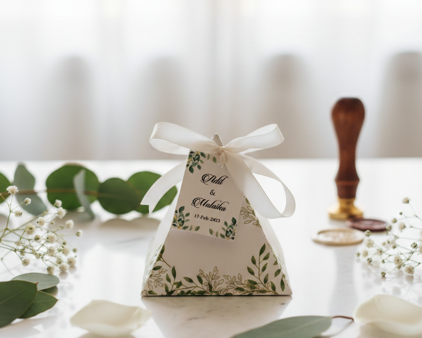 Wedding favor box with floral design on a white surface with greenery