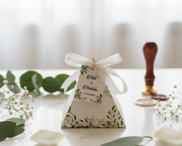 Wedding favor box with floral design on a white surface with greenery