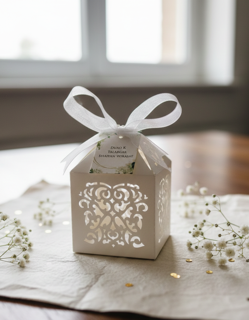 White decorative bid box with a ribbon on a wooden surface with small white flowers.