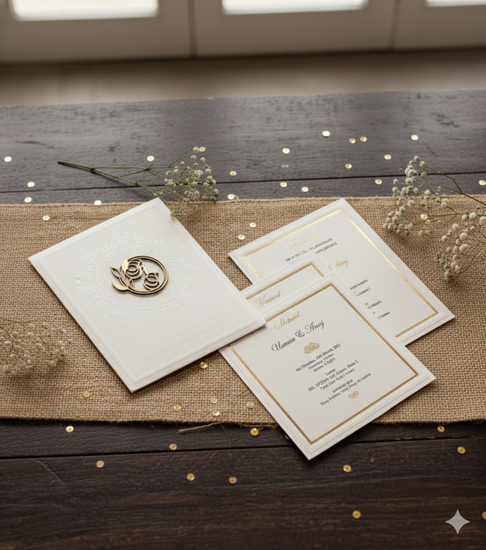 This image presents a sophisticated collection of wedding invitations for the year 2026. The invitations are designed with an elegant white and gold color scheme, featuring detailed gold framing around the text.