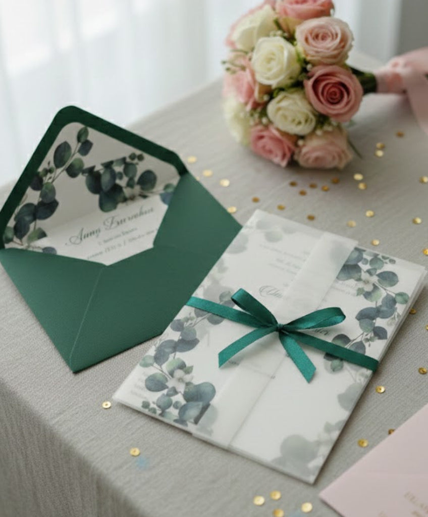 Invitation cards with green envelopes and ribbons on a table with flowers.