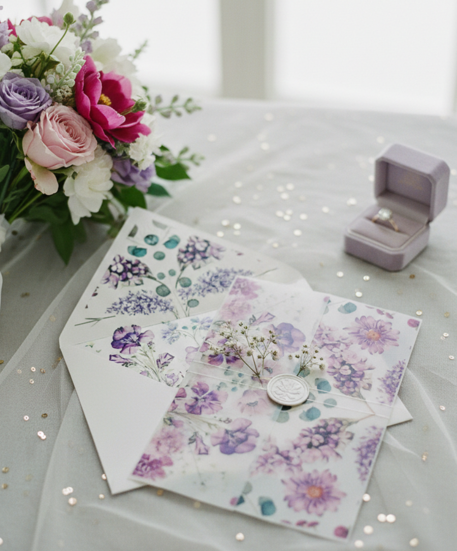 Floral stationery set with cards and envelopes on a table with flowers and jewelry box.