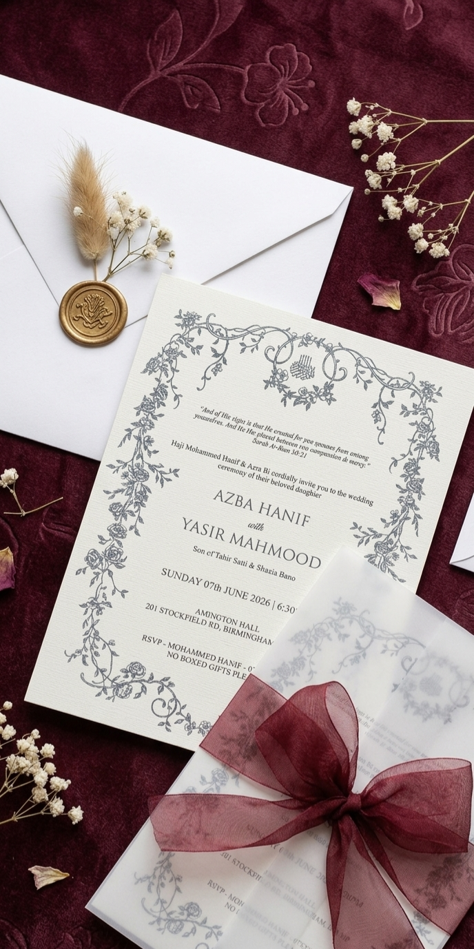 Vellum over the invitation, the envelope with its wax seal and dried florals