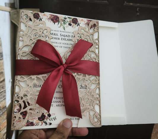 New Style of wedding invitations / Glittery wedding Cards with laser Cut and maroon ribbon bow with mehndi barat walima 3 inserts