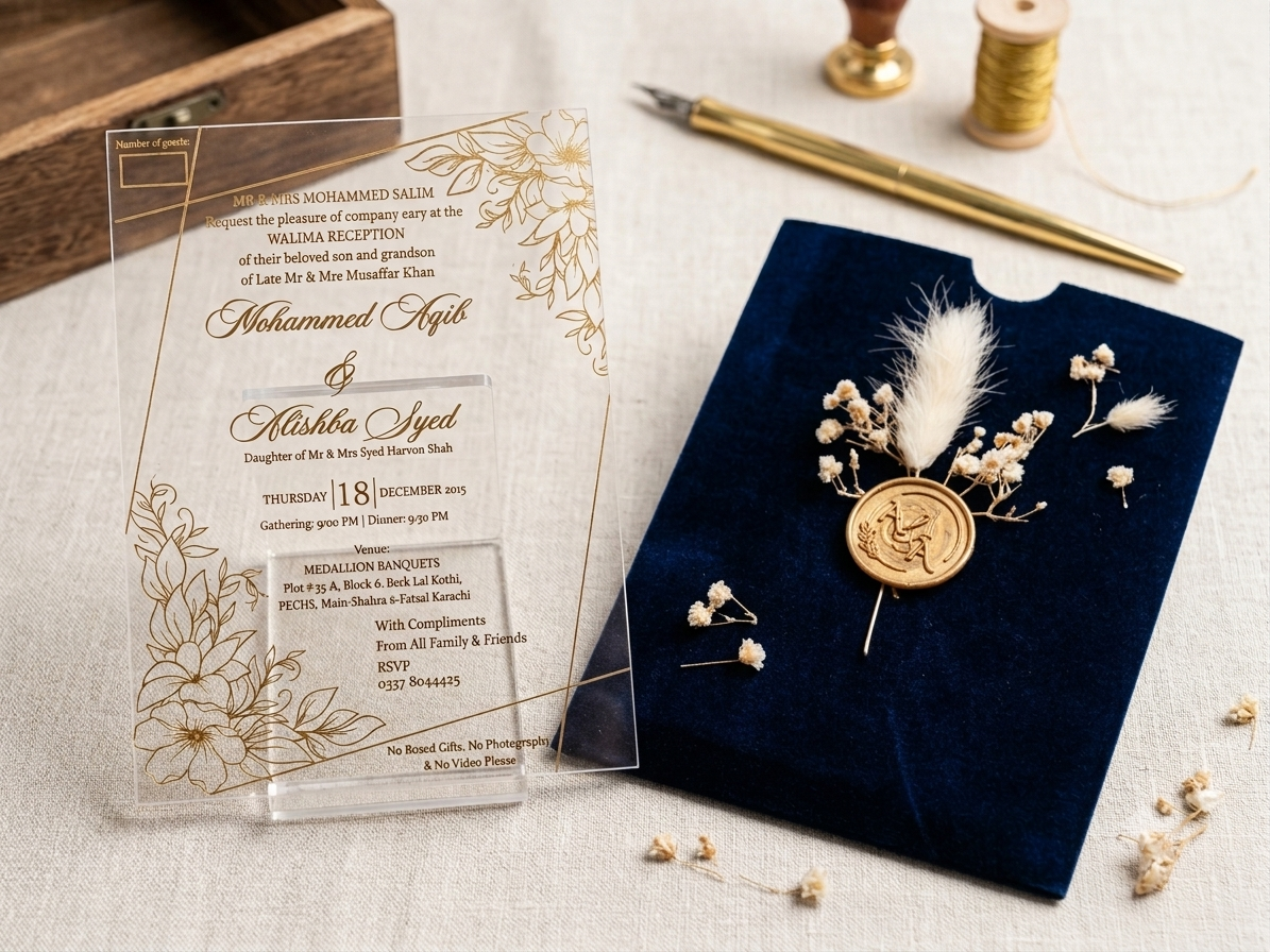 Acrylic Wedding Invitation with velvet envelope included customize wax seal stamp with dry flowers