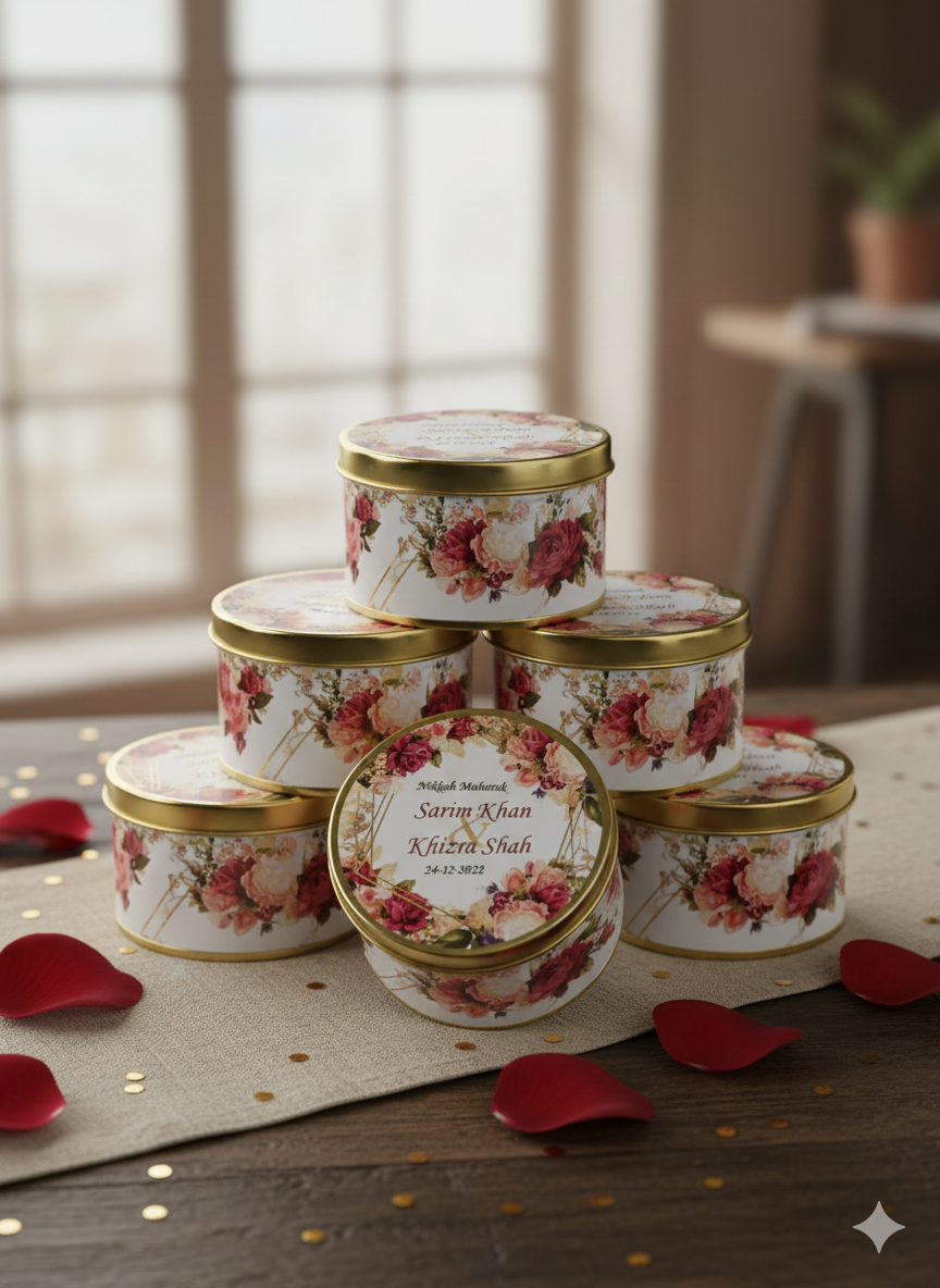 Decorative tin boxes with floral designs stacked on a table with red rose petals.
