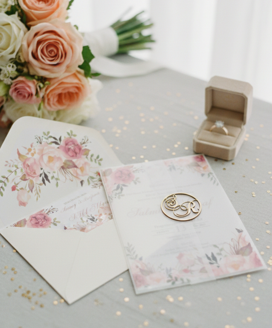 Floral invitation card with envelope and ring box on a table with flowers in the background