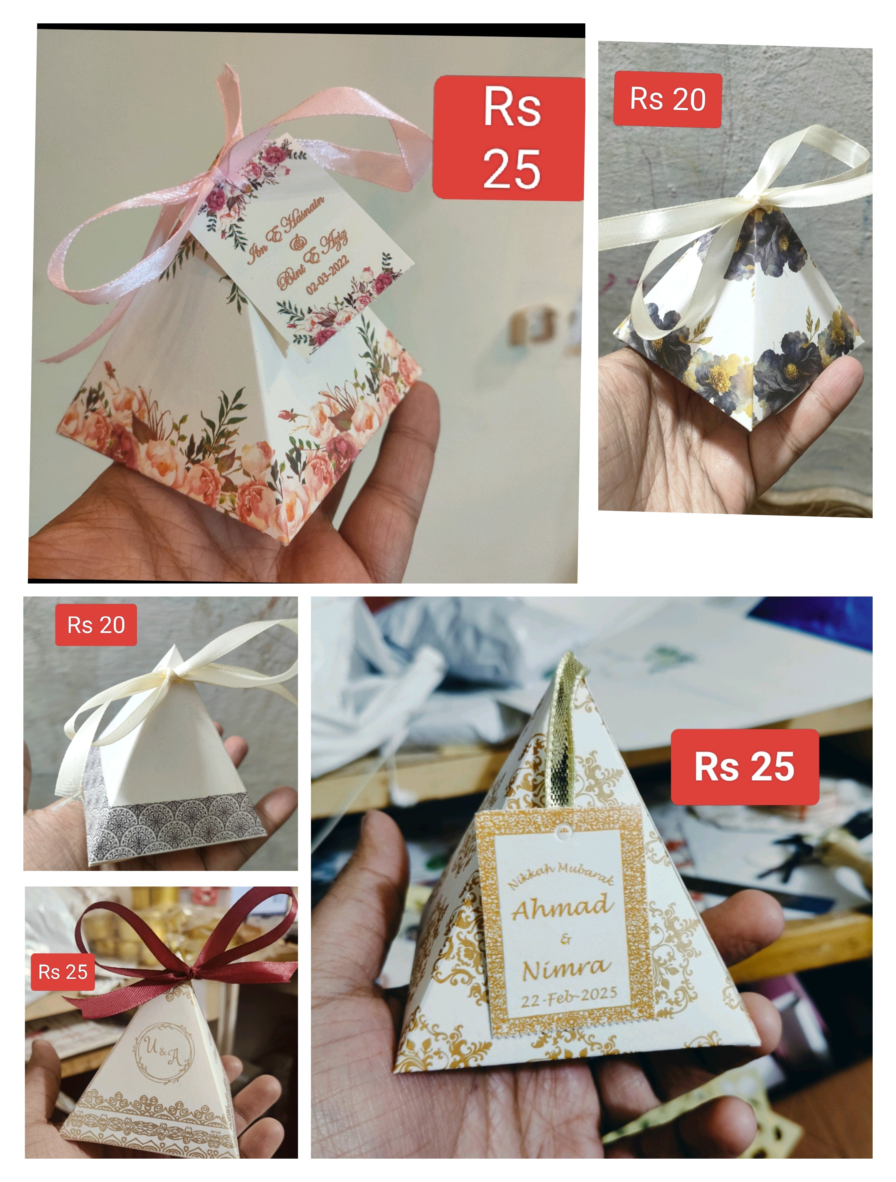 Collage of decorative triangular boxes with floral designs and text, held by hands.