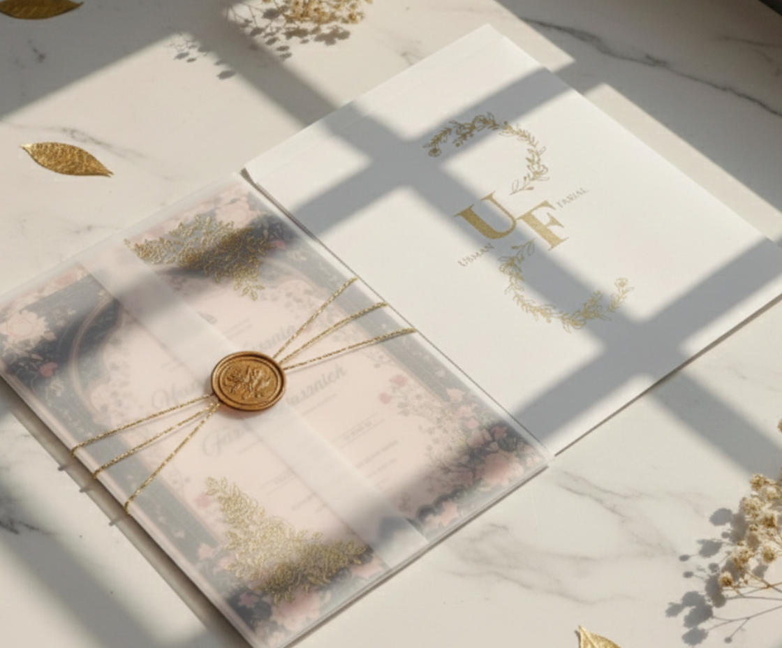 wedding card set with floral designs and a wax seal on a marble surface