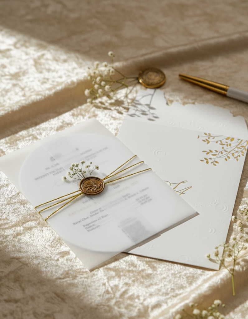 White invitation card with gold accents on a textured surface with light filtering through.