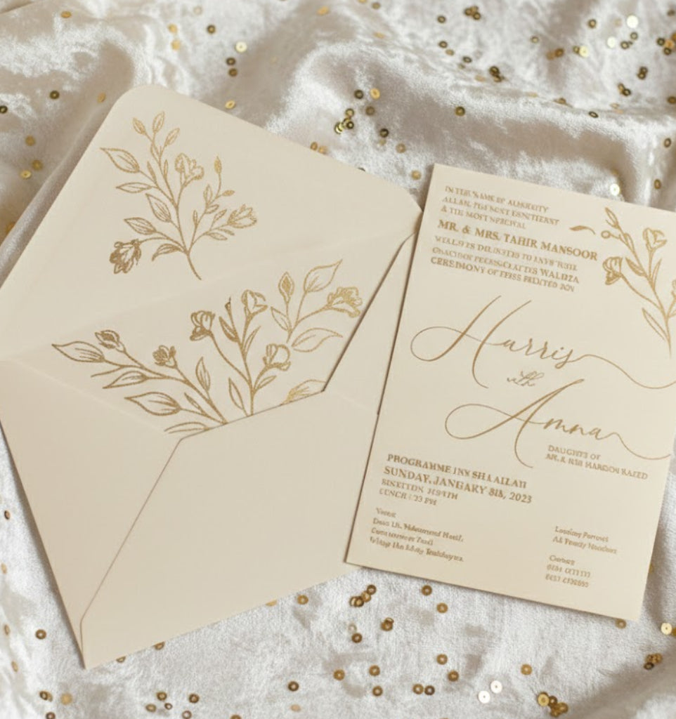 Beige wedding invitation with floral design on a white fabric background with gold sequins