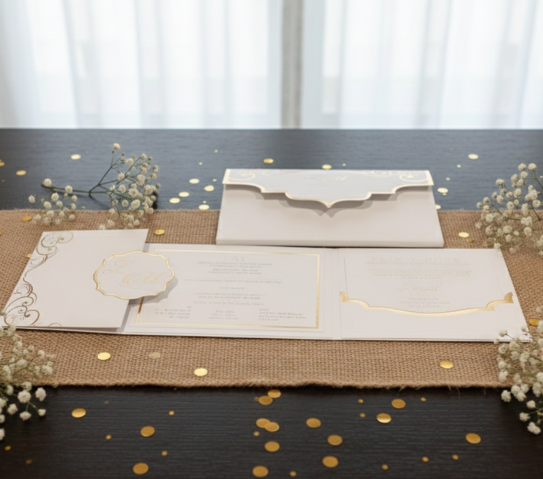 This image displays an elegant designer wedding invitation set, featuring a sophisticated white and gold color scheme. The collection includes various cards with ornate gold foil printing, enhancing the luxurious feel.

