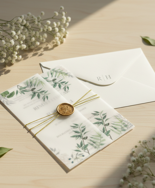 Invitation card with floral design and gold wax seal on a wooden surface
